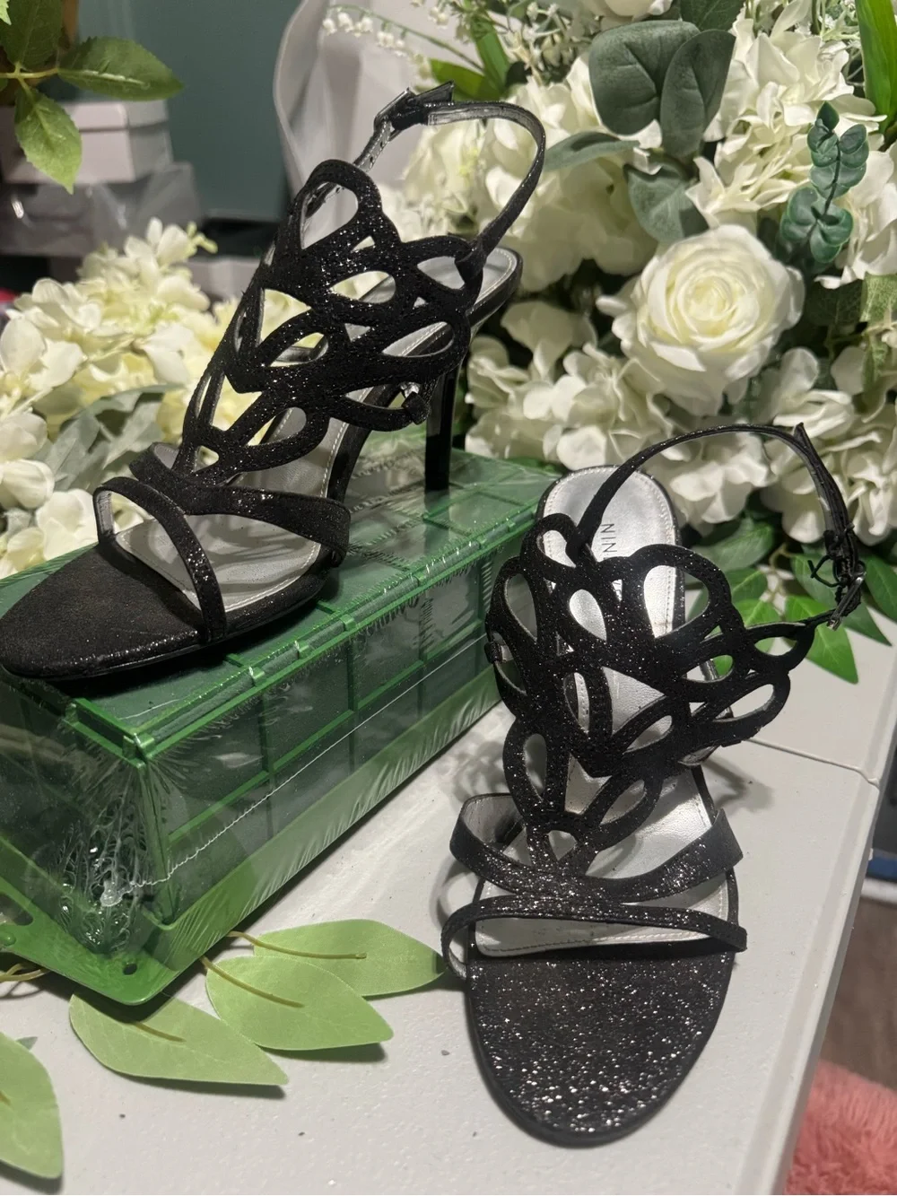 Nine West Black Glitter Cutout Slingback Heels
